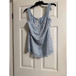 Vine Women’s Blouse Size L Blue White Floral Eyelet Lace Trim Sleeveless N